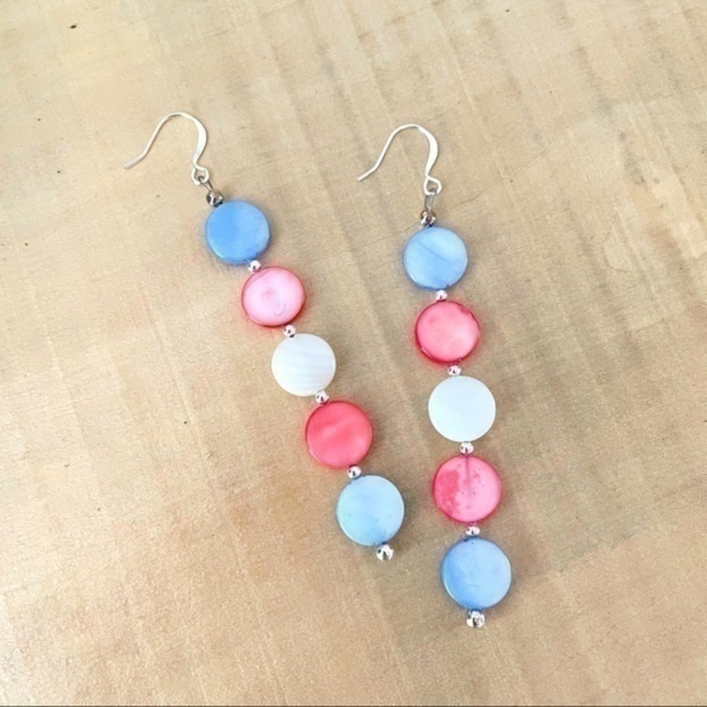 $10 SALE Trans Pride Flag Round Shell Dangle Earrings 3.5” Handmade - Picture 2 of 5